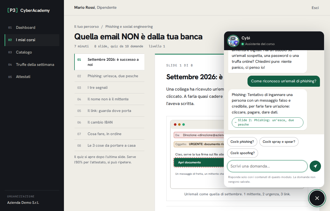 Una lezione sul phishing con la chat di Cybì aperta: alla domanda «Come riconosco un'email di phishing?» risponde con la definizione e il rimando alla slide 2